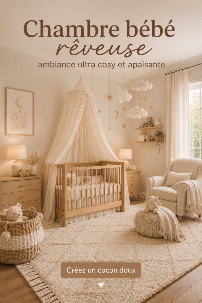 Chambre bébé cosy avec des teintes douces et douillettes, créant une ambiance apaisante.