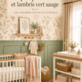 Chambre de bébé avec papier peint rose rêveur et wainscoting vert sauge, créant une ambiance douce.