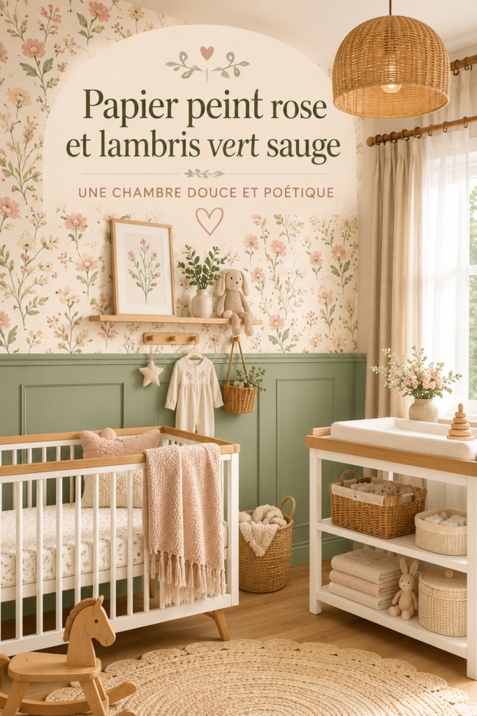 Chambre de bébé avec papier peint rose rêveur et wainscoting vert sauge, créant une ambiance douce.
