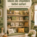 Chambre bébé décorée sur le thème safari avec des animaux en peluche et des motifs de feuillage.