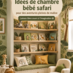 Chambre bébé décorée sur le thème safari avec des animaux en peluche et des motifs de feuillage.