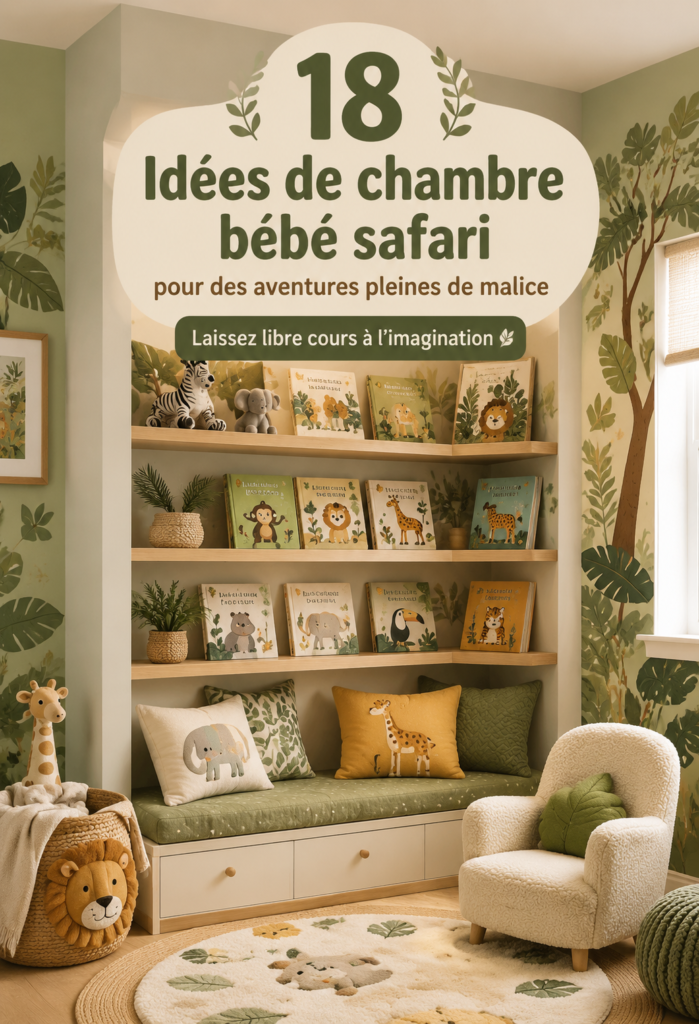 Chambre bébé décorée sur le thème safari avec des animaux en peluche et des motifs de feuillage.