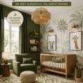 Chambre de bébé décorée sur le thème safari avec des murs verts audacieux