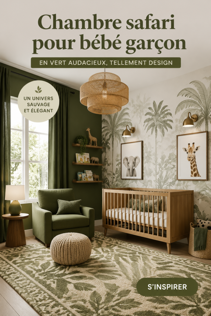 Chambre de bébé décorée sur le thème safari avec des murs verts audacieux