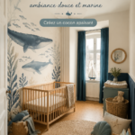Chambre de bébé décorée sur le thème de l'océan avec des couleurs apaisantes et des accessoires marins