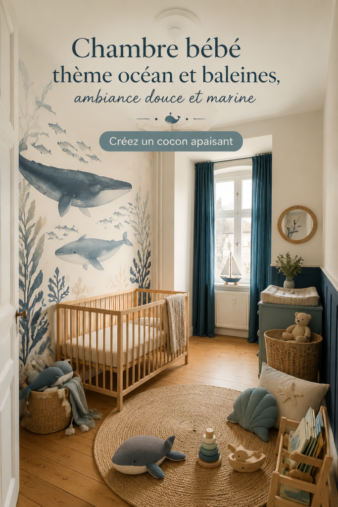 Chambre de bébé décorée sur le thème de l'océan avec des couleurs apaisantes et des accessoires marins