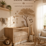 Chambre de bébé décorée sur le thème savane avec des motifs animaliers et des couleurs douces.