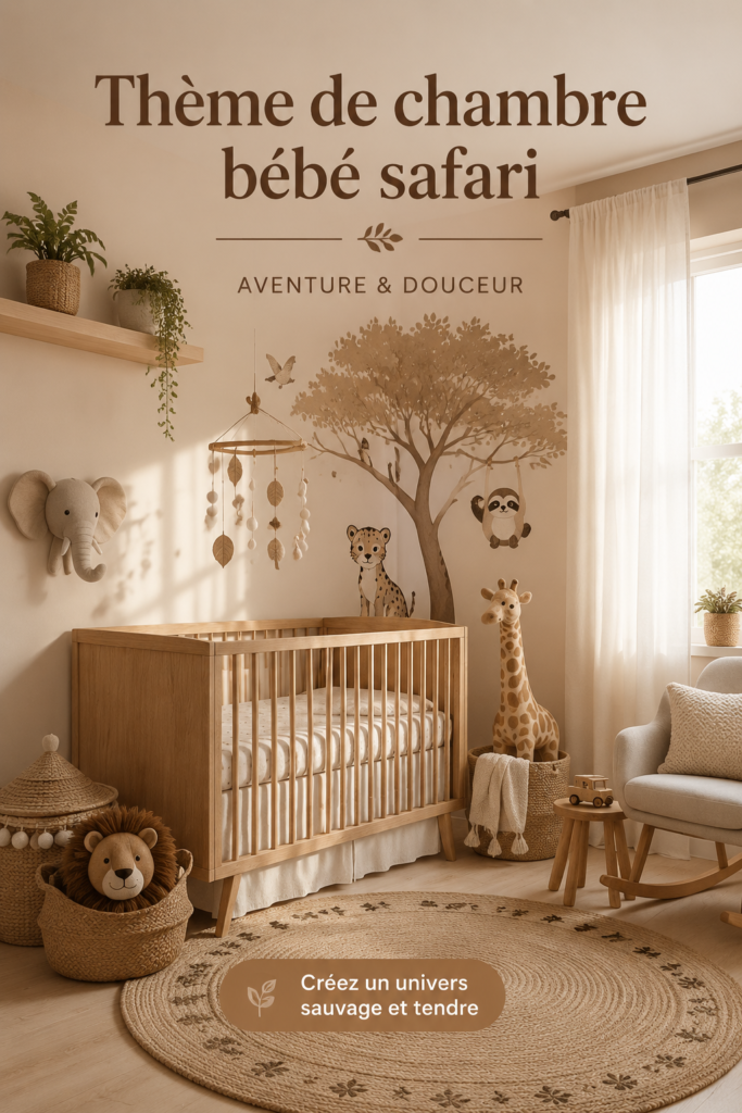 Chambre de bébé décorée sur le thème savane avec des motifs animaliers et des couleurs douces.
