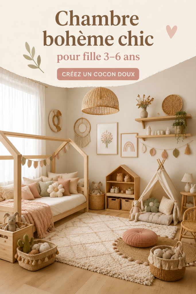 Chambre bohème chic pour fille, avec des couleurs douces et des décorations personnalisées.