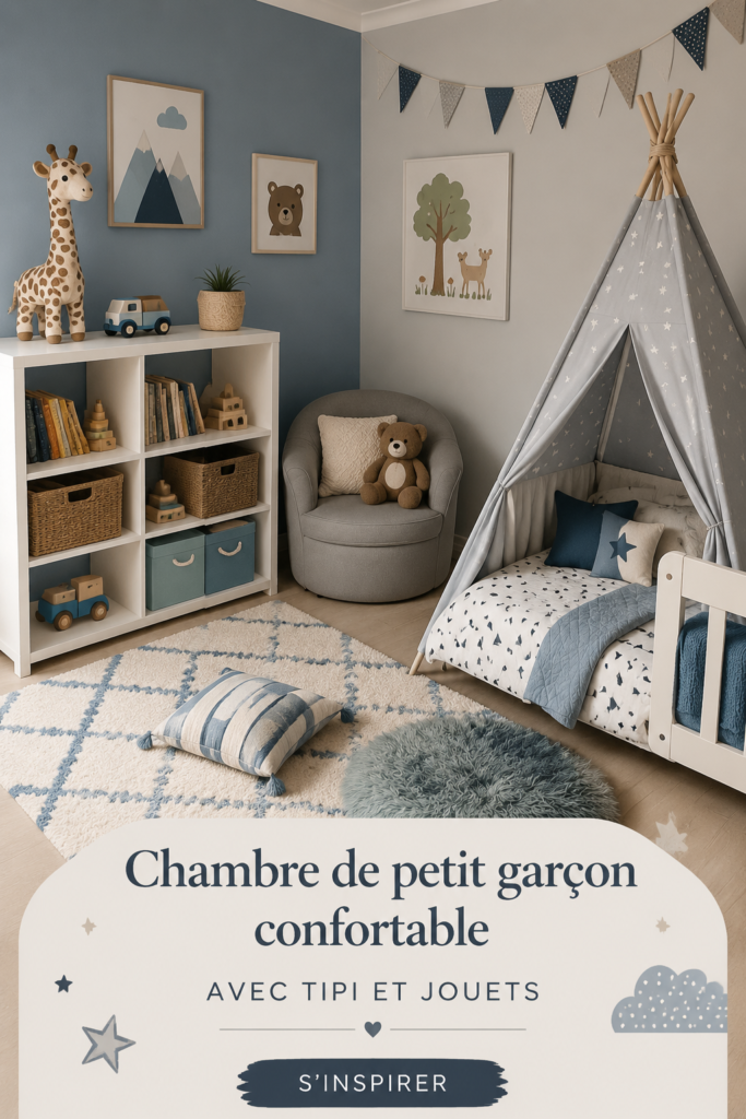 Chambre cosy pour petit garçon avec un tipi et des jouets colorés.