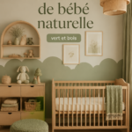 Chambre de bébé naturelle avec des éléments en bois et des touches de vert apaisantes.