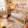 Chambre d'enfant lumineuse avec des couleurs vives et des décorations joyeuses.