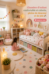 Chambre d'enfant lumineuse avec des couleurs vives et des décorations joyeuses.