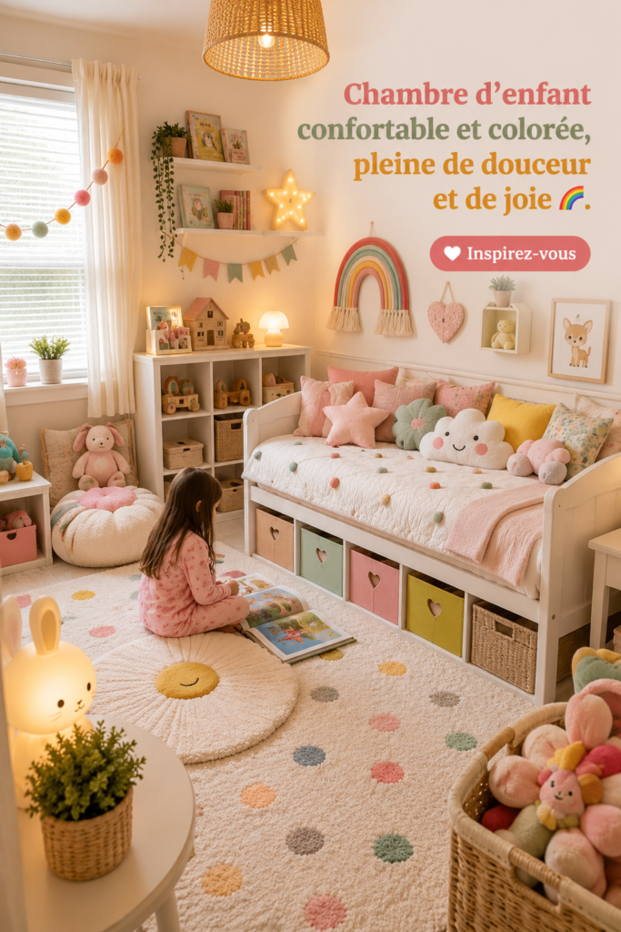 Chambre d'enfant lumineuse avec des couleurs vives et des décorations joyeuses.