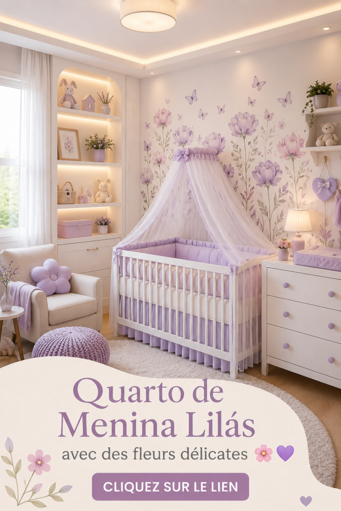 Chambre d'enfant décorée en lilas avec des fleurs délicates, créant une ambiance douce et accueillante.