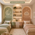 Chambre d'enfant moderne avec des couleurs pastel douces et un design cosy.