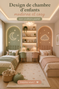 Chambre d'enfant moderne avec des couleurs pastel douces et un design cosy.