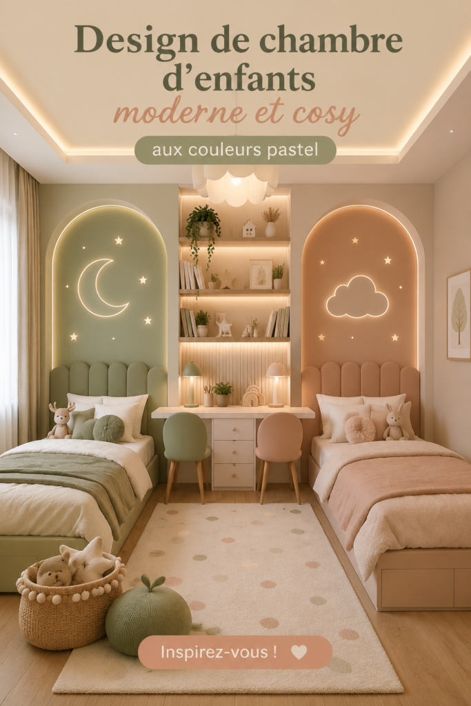 Chambre d'enfant moderne avec des couleurs pastel douces et un design cosy.