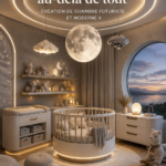 Chambre d'enfant moderne avec des éléments futuristes et une décoration élégante.