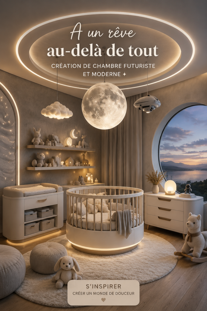 Chambre d'enfant moderne avec des éléments futuristes et une décoration élégante.