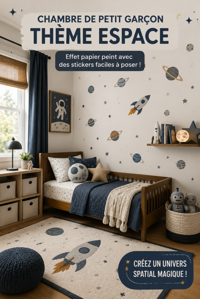 Chambre d'enfant décorée sur le thème de l'espace avec des stickers muraux colorés