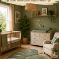 Une chambre d'enfant décorée sur le thème de la jungle avec des plantes et des animaux.
