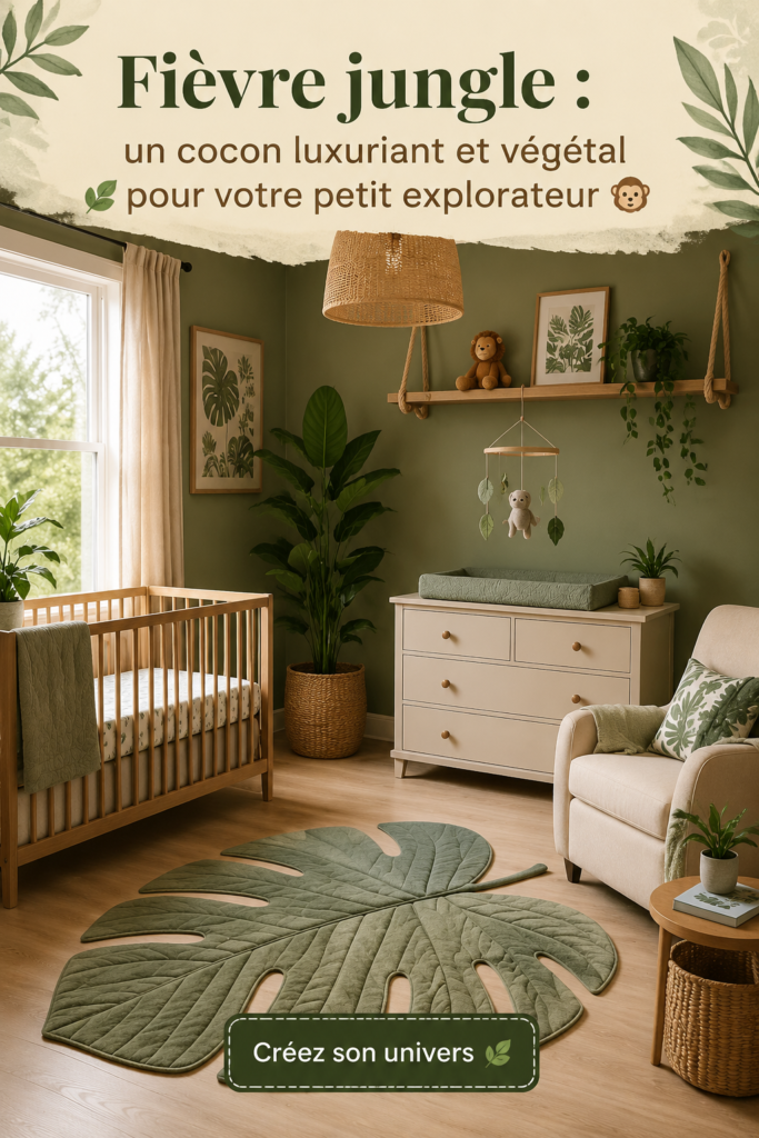 Une chambre d'enfant décorée sur le thème de la jungle avec des plantes et des animaux.