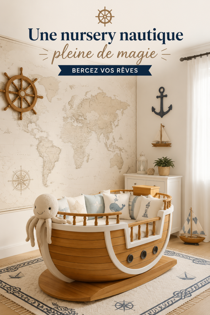 Chambre de bébé décorée sur le thème nautique avec un lit en forme de bateau