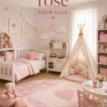 Chambre rose décorée avec des éléments ludiques et élégants