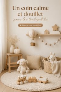 Un coin apaisant et cosy pour enfants avec des coussins confortables et une lumière douce.
