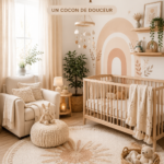 Un coin bébé boho avec des couleurs neutres et des matériaux naturels
