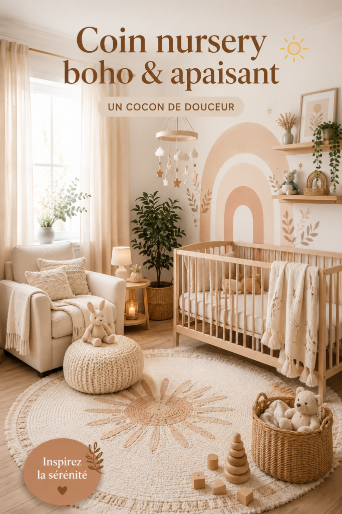 Un coin bébé boho avec des couleurs neutres et des matériaux naturels