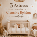 Chambre bébé boho avec des éléments en bois et des couleurs douces.