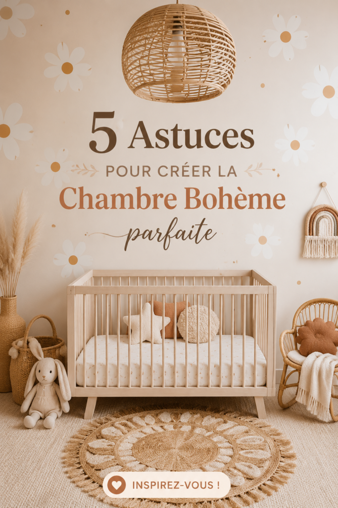 Chambre bébé boho avec des éléments en bois et des couleurs douces.