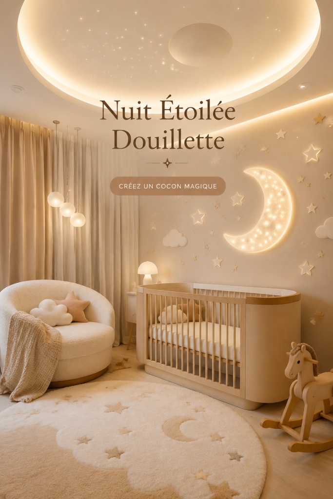 Salon décoré avec un éclairage étoilé et des accessoires cosy