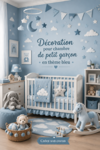 Chambre de bébé garçon décorée en bleu avec des motifs doux et accueillants.