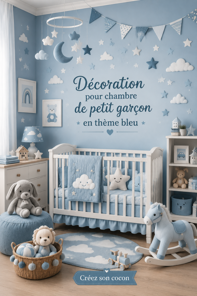 Chambre de bébé garçon décorée en bleu avec des motifs doux et accueillants.