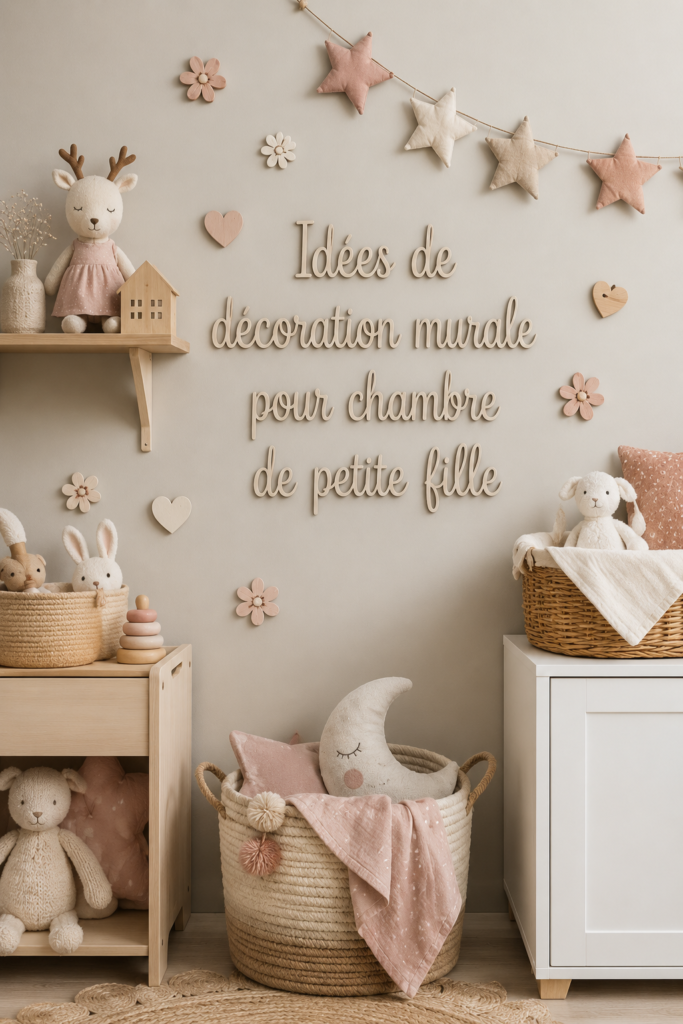 Chambre de fille décorée avec des éléments muraux colorés et charmants