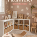 Chambre d'enfant décorée avec des fleurs roses et des éléments doux