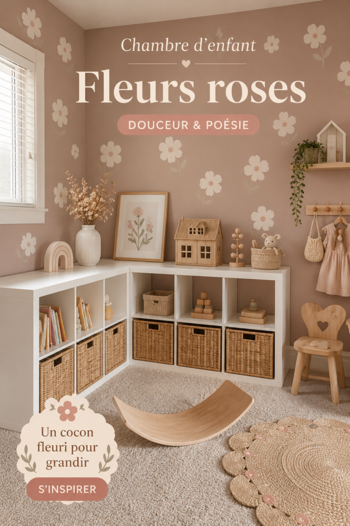 Chambre d'enfant décorée avec des fleurs roses et des éléments doux