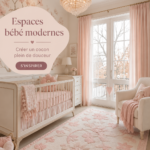 Chambre moderne pour bébé avec des couleurs douces et des meubles stylés.