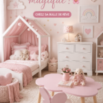 Chambre de petite fille décorée dans un style féérique avec des éléments colorés et joyeux.