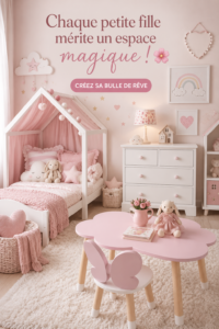 Chambre de petite fille décorée dans un style féérique avec des éléments colorés et joyeux.