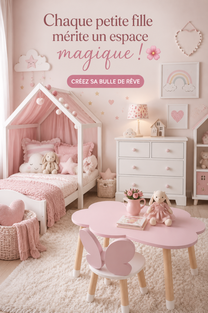 Chambre de petite fille décorée dans un style féérique avec des éléments colorés et joyeux.