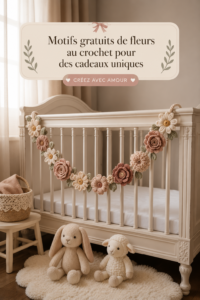 Des fleurs colorées en crochet disposées sur une table en bois.