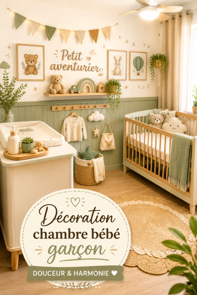Chambre de bébé garçon décorée avec des couleurs douces et des motifs ludiques