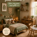 Chambre d'enfant au style boho avec des couleurs douces et des accessoires confortables.