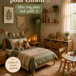 Chambre d'enfant au style boho avec des couleurs douces et des accessoires confortables.