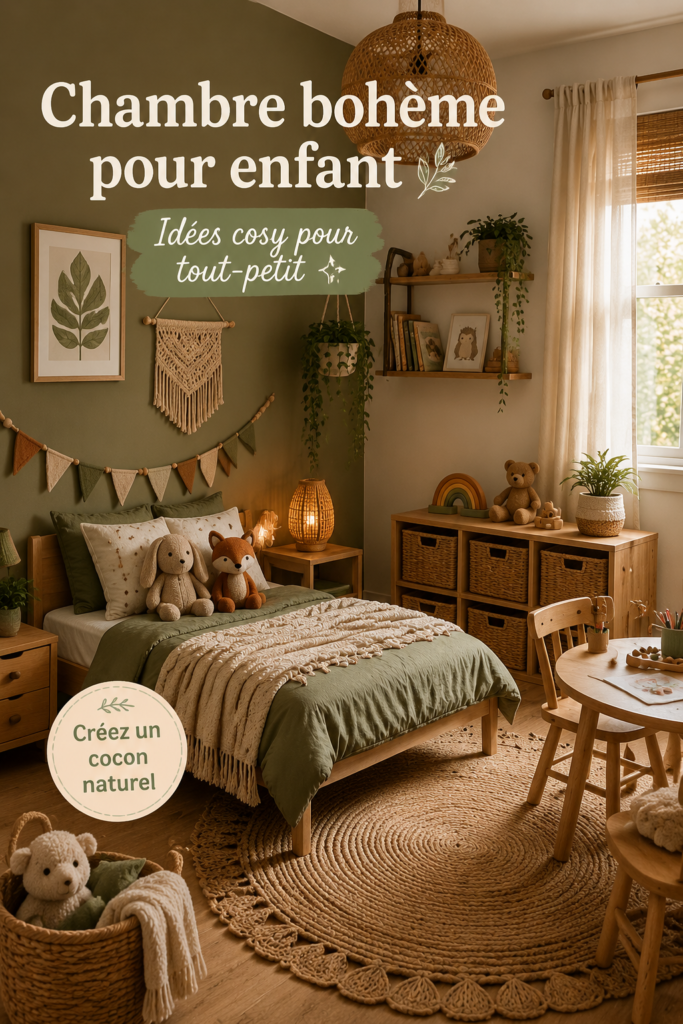 Chambre d'enfant au style boho avec des couleurs douces et des accessoires confortables.