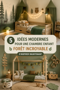 Chambre d'enfant décorée sur le thème de la forêt avec des couleurs naturelles et un mobilier ludique.